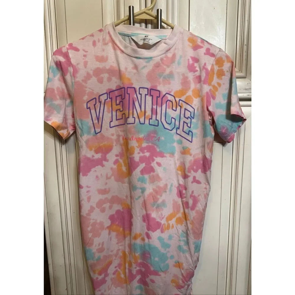 H&M Kids Crew Neck Tie Dye Venice Print T-shirt Dress Pink Multi Size 6-8Y NWOT